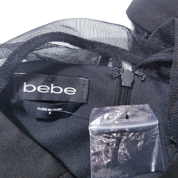 BEBE Black Ruched Illusion Neckline Ruffle Cocktail Dress Sleeveless Mock Neck - Picture 5 of 12